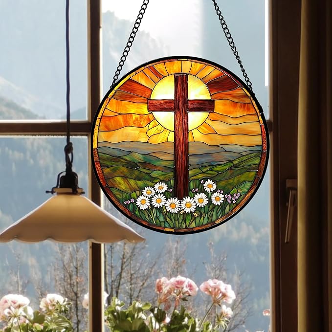 Christian Gifts for Women - Cross Stained Glass Window Hanging Easter Daisy Natural Landscape Sun Catcher Garden Religion Decor Mother's Day Catholic Gift for Men Grandma Mom Her Nana 6.3"