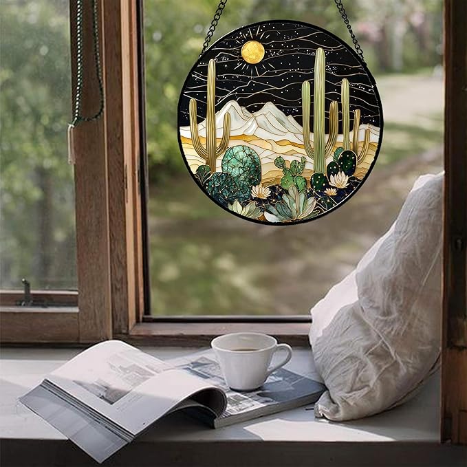 Stained Glass Window Hanging, Black and White Golden Cactus Nature Suncatcher for Doors Window Home Starry Sky Sun Catchers Decor Mother's Day Birthday Gifts for Women, Men Mom 6.3 in