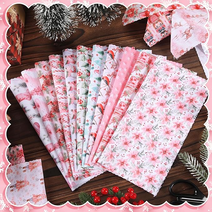 HunnmingRe 20 Pcs 10''x10'' Pink Christmas Quilting Fabric Square Santa Claus Nutcracker Quiltted Fabric Bundle Reindeer Snowman Precuts Printed Patchwork Supplies for Winter Xmas DIY Sewing Craft