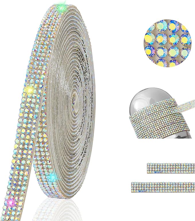 4-Yard Rhinestone Ribbon Self Adhesive Crystal Rhinestones, 4-Rows Bedazzling Strips, 4-Yard Rhinestone Strips for DIY Craft, Rhinestones for Crafting, Home Decor, AB Crystal