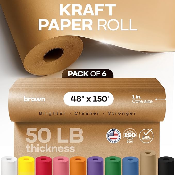 Brown Paper Roll 48" x 1800" (150 feet), Pack of 6 - USA-Made Brown Packing Paper 50lb Thickness for Moving, Shipping, Crafts/Arts - 100% Recycled Natural Wrapping Material by IDL Packaging