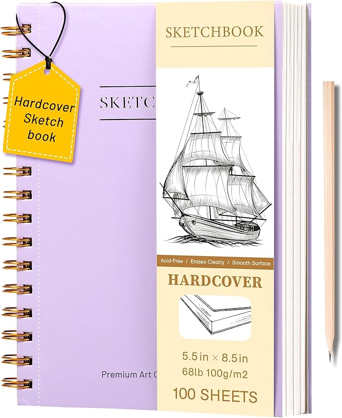 Yoment 5.5" x 8.5" Sketch Book, Small Sketchbook for Drawing, 100 Sheets(68 lb/100gsm) Hardcover Spiral Sketch Pad for Kids with Pencil Art Sketchbook Drawing Paper Pad Book for Adults Artists,Purple