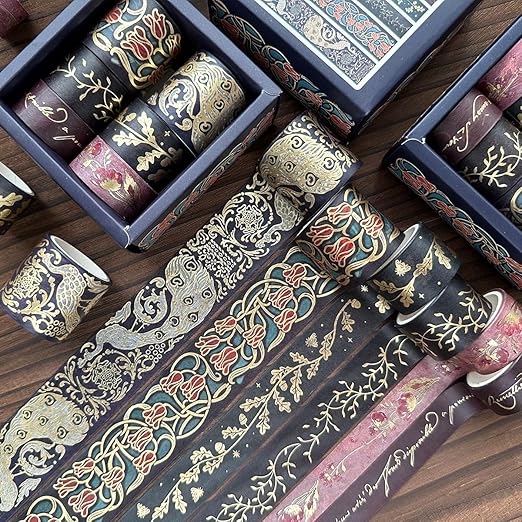 YUBX Vintage Washi Tape Set 6 Rolls Wide Retro Decorative Gold Foil Antique Patterns Masking Tapes for Arts, DIY Crafts, Journals, Planners, Scrapbook, Wrapping