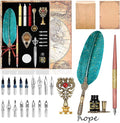 Feather Calligraphy Pen Ink Set, Includes Quill Pen and Wooden Dip Pen, Ink,17 Replacement Nib, Pen Base, 3 Wax Seal Sticks, Stamp, White Wax, Spoon, Envelope Letter Paper, Envelope Tool(Green)