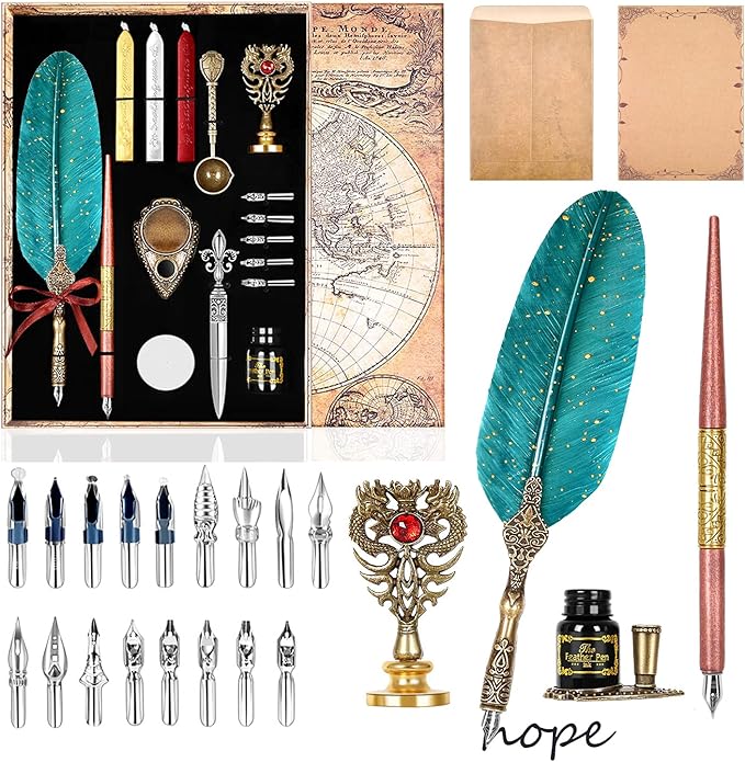 Feather Calligraphy Pen Ink Set, Includes Quill Pen and Wooden Dip Pen, Ink,17 Replacement Nib, Pen Base, 3 Wax Seal Sticks, Stamp, White Wax, Spoon, Envelope Letter Paper, Envelope Tool(Green)