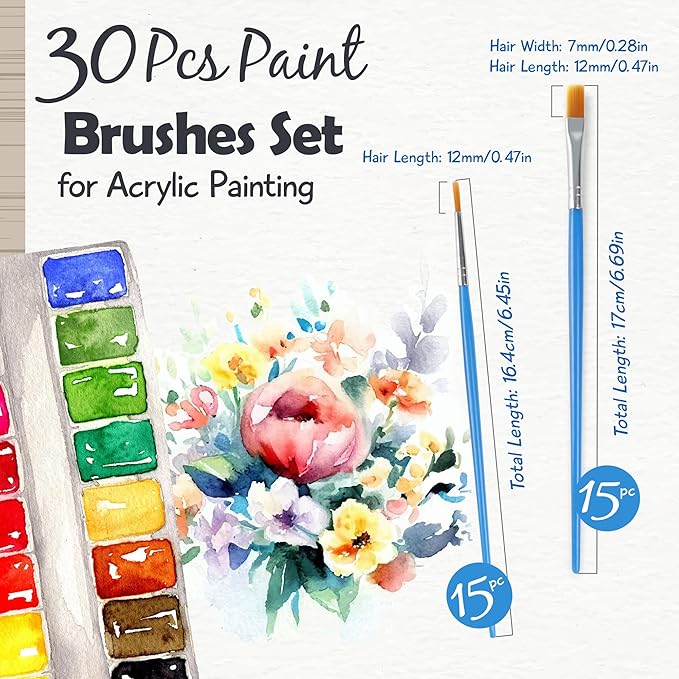 Paint Brushes Set for Acrylic Painting, 15 Pcs Flat and 15 Pcs Round Art Paint Brush Acrylic Painting Brush, Paint Brushes for Kids Adults Oil Watercolor Rock Painting Body Face Nail Art