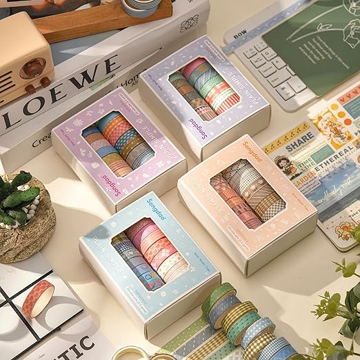 20 Rolls Basic Washi Tape Set Japanese Arts Adhesive Tapes Simple Patterns Decorative Masking Tape Sets for Craft, Kids, Scrapbook, DIY, Gift Wrapping (Style Five)