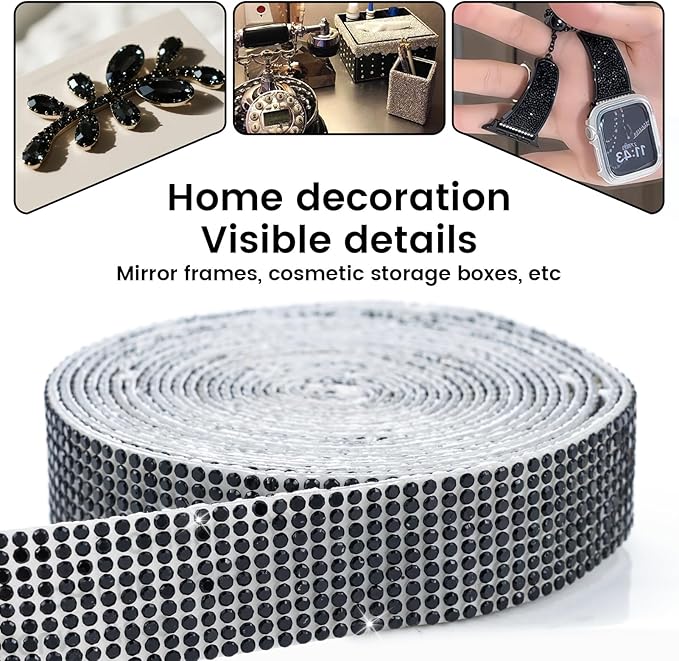 Novani Self Adhesive Rhinestone Ribbon, 0.78 Inch Wide 3 Yards 1 Roll, Black Crystal Diamond Bling Strips for DIY Crafts, Home Decor, Glitter Glass Rhinestones Tape for Crafting, Car Decoration