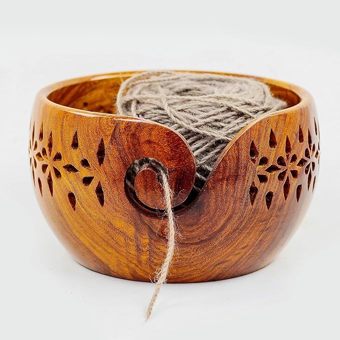Nagina International Rosewood Crafted Wooden Yarn Storage Bowl With Carved Holes & Drills | Knitting Crochet Accessories (XL)