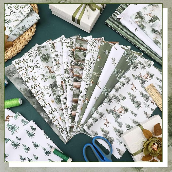HunnmingRe 20 Pcs 10''x10'' Watercolor Forest Quilting Fabric Square Vintage Green Quiltted Fabric Bundle Christmas Tree Reindeer Precuts Printed Patchwork Supplies for Holiday DIY Sewing Craft