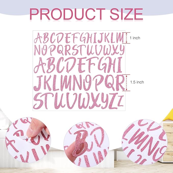 TaoBary 416 Pcs Christmas Letter Stickers 8 Sheets Alphabet Stickers 2 Size Vinyl Cursive Self-Adhesive Letter Personalized Decor for Scrapbooking Water Bottle Christmas Craft(1", 1.5'',Glitter Pink)