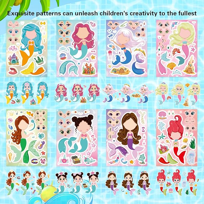 DUJAA 24 Sheets Mermaid Stickers for Kids, Make Your Own Mermaid Stickers, Mermaid Themed Art Craft Supplies