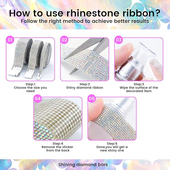 Novani Self Adhesive Rhinestone Ribbon, 0.35 Inch Wide 9 Yards 1 Roll, AB Crystal Diamond Bling Strips for DIY Crafts,Home Decor,Glitter Glass Rhinestone Tape for Crafting,Car Decoration