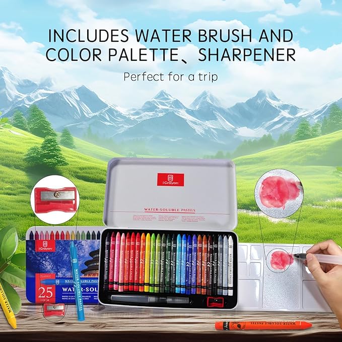 25 Colors Water Soluble Pastels, Watercolor Pastel Set for Beginners and Hobbyists, Includes Sharpener, Palette & Brush for Vibrant Art Creations (Classic)