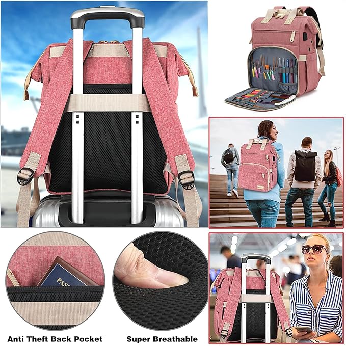 Knitting Bag Backpack,Yarn Storage Organizer Travel Crochet Bag with USB Charging Port,Large Capacity Yarn Storage Tote Bag Yarn Holder Case for Carrying Projects, Knitting Needles, Crochet Hooks Pink