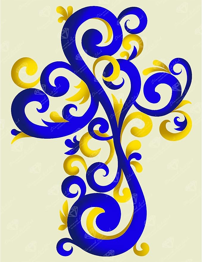 DIAMOND ART CLUB Blue and Gold Ornate Cross Diamond Painting Kit, Fun DIY Crafts for Adults and All Ages, Round Diamond Art Canvas for Beginners, 13" x 17" (32.8 x 42.6 cm)