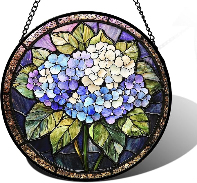Stained Glass Window Hanging, Hydrangea Flowers Sun Catchers Diamond Glass Panel Hangings Plant Suncatcher Decor for Birthday for Women, Men, Wife, Aunt, and Mom 11.8x11.8 in