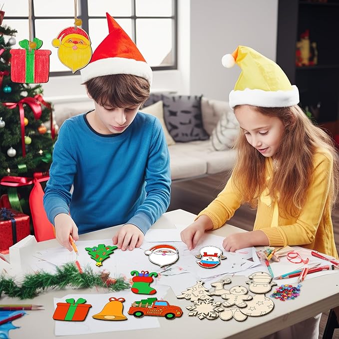 BAPHILE 60PCS DIY Christmas Wooden Ornaments Unfinished Wood Slices to Paint, 138pcs Predrilled Wood Circles Kit Craft Making for Christmas Tree Decorations Hanging Decor Xmas Present Tags