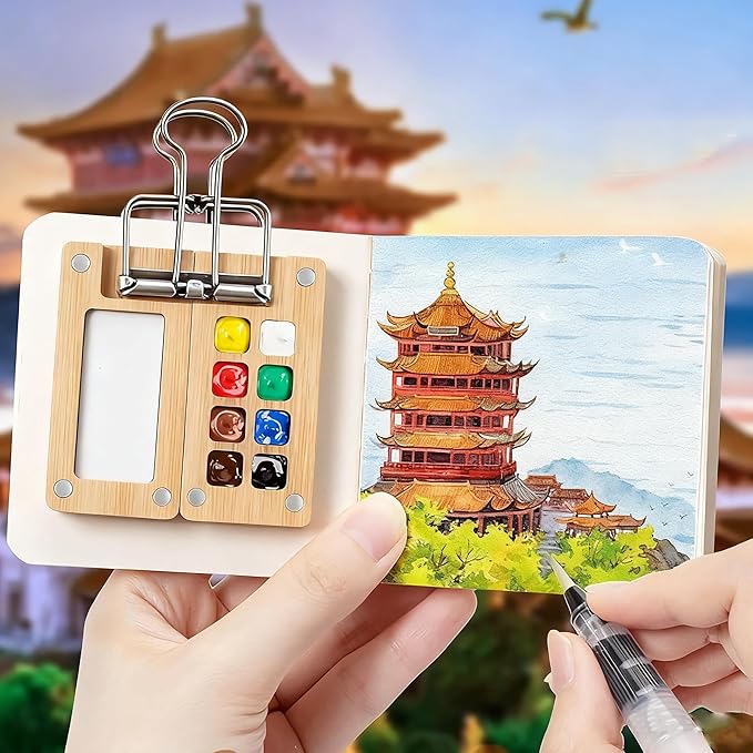 Mini Travel Watercolor Set Pocket Artist Watercolor Travel Set Grid Palette Box Sketch Book Brush Pens With Binder Clips For Painters Artists Students (bamboo, 8 Grids)