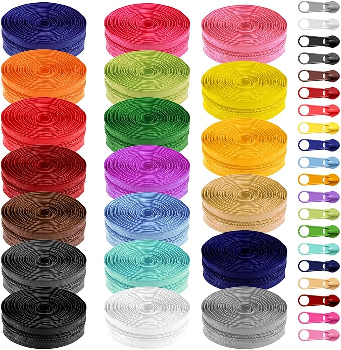 SHENLIU 20PCS 60 Yards #5 Nylon Coil Zippers Bulk, 20 Colors with 200 Matched Sliders, Cut-to-Length Sewing Zippers for DIY Crafts Bags Purses Clothes Making Supplies Kit