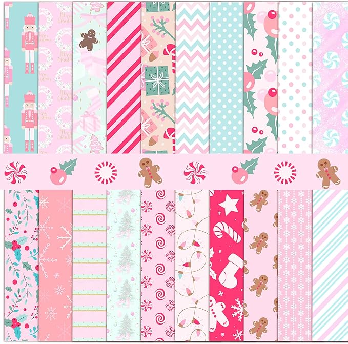 Oudain 60 Pcs 10 x 10 Inch Pastel Christmas Quilting Fabric Squares Vintage Christmas Fat Patchwork Precuts Pink Green Gingerbread Man Nutcracker Fabric Bundles for Xmas DIY Craft Sewing Handmade