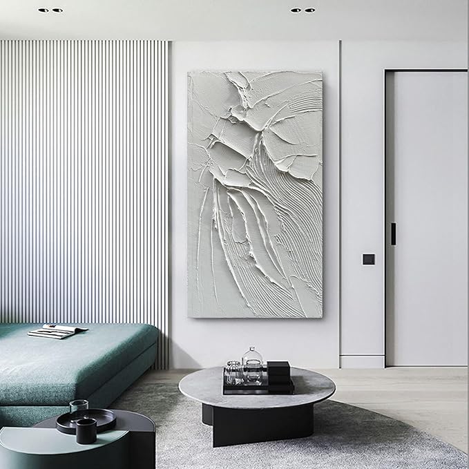 Art Thick Textured White Minimalist Oil Painting Large Home Wall Deco Art 48x24 inches