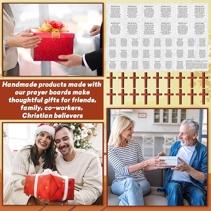 Pocket Prayer Quilt Panel Squares with Small Wooden Crosses Mini Scripture Pocket Prayer Quilt for Friend Family Religious Spiritual Gift Easter Reward Gift(Stylish1,Burlywood)