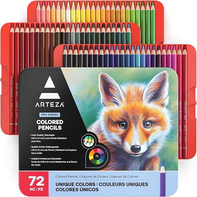 ARTEZA Colored Pencils 72 Soft Wax-Based Color Pencils for Adults & Artists. Pre-Sharpened Drawing Set for Blending, Coloring, Shading & Sketching. Professional Art Supplies in Tin Box, Holiday Gift