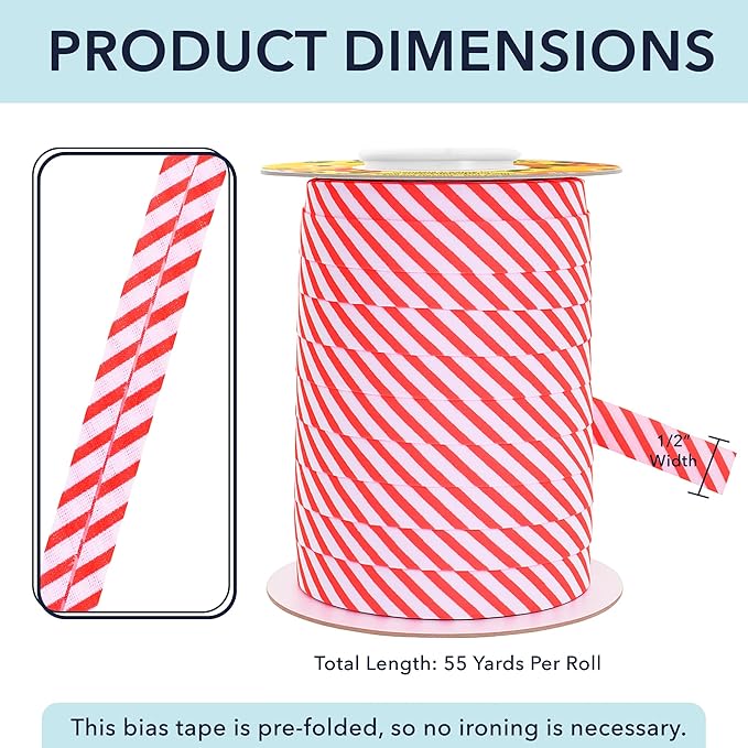 Mandala Crafts 1/2 Inch Single Fold Bias Tape for Sewing, Quilting, Piping, Hemming, Blanket & Quilt Binding – 55 Yards Candy Cane Fabric Seam Binding Tape