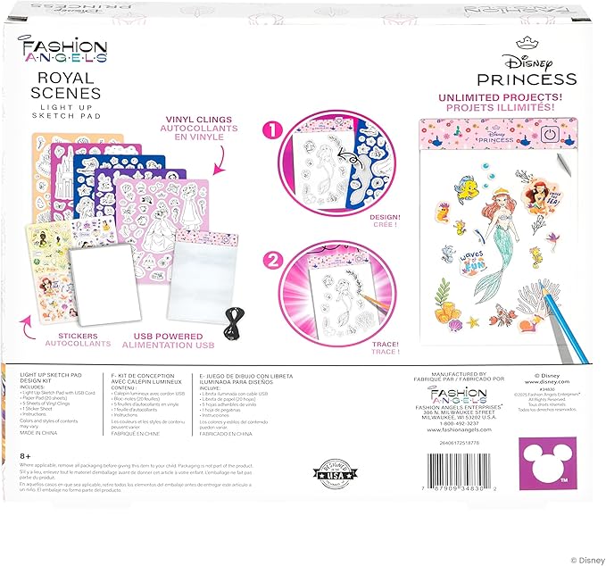 Fashion Angels Disney Princess Light Up Sketchpad, Kids Design Kit with Illuminated Tracing Pad, 5 Reusable Clings, Sticker Sheet & More for Girls Ages 8+