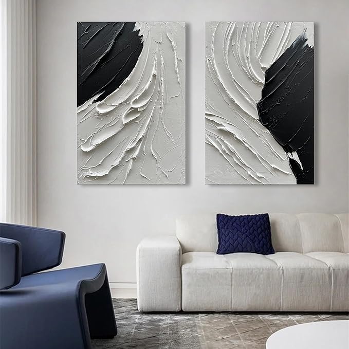 NANKAI Art 36x24 Inches Hand-Painted Thick Textured Black and White Minimalist Oil Painting Home Wall Decorative Art Oil Painting