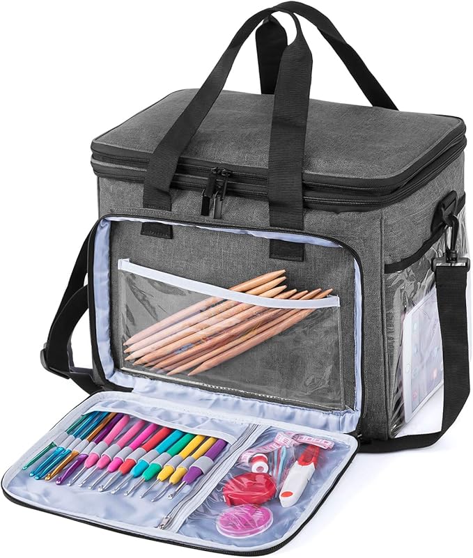 Teamoy Knitting Bag With Divider and Cover, Portable Yarn Storage Organizer for Crochet Accessories and Knitting Needles,Ideal for Knitting Enthusiasts, Gray