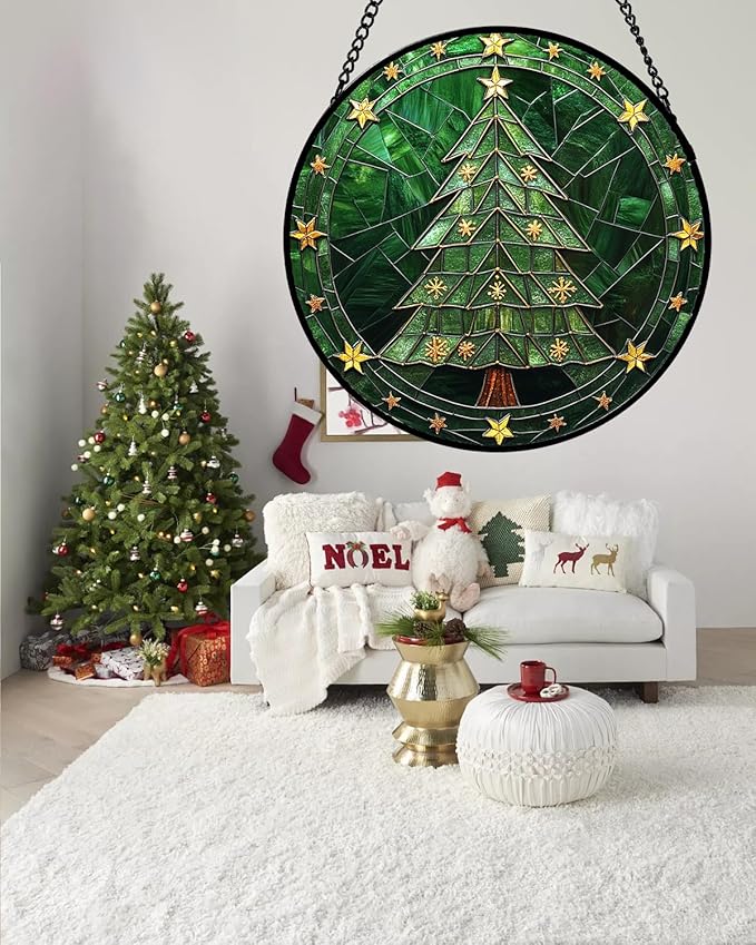 Stained Glass Window Hanging - Green Christmas Tree with Golden Stars Suncatcher for Doors Home Christmas Decoration Sun Catcher Thanksgiving New Year Birthday Gifts for Women Men Mom Nana 15 in