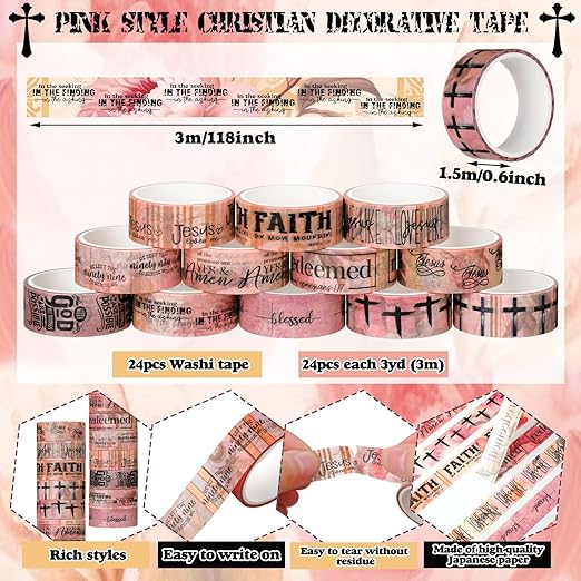 Janlaugh 24 Rolls Christian Washi Tape Gifts Bulk Religious Inspirational Scripture Supplies Pink Bible Verse Washi Tape for Bible Journaling Study Crafting New Year DIY Gifts