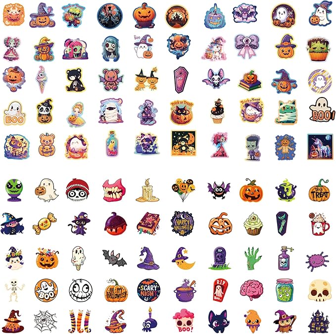 100Pcs Halloween Stickers for Adults,Non-Repeating Vinyl Waterproof Pumpkins Ghost Witches Stickers Cute Sticker Bulk Halloween Holiday Party Gifts Decor
