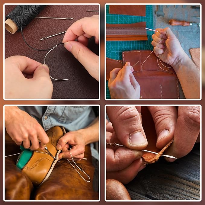110Yards Waxed Thread with 7 Pcs Leather Needles for Hand Sewing 150D Flat Sewing Waxed Thread Leather Repair Needles for Sewing Upholstery Leather Canvas Bags Sofa Furniture（Black+Khaki）