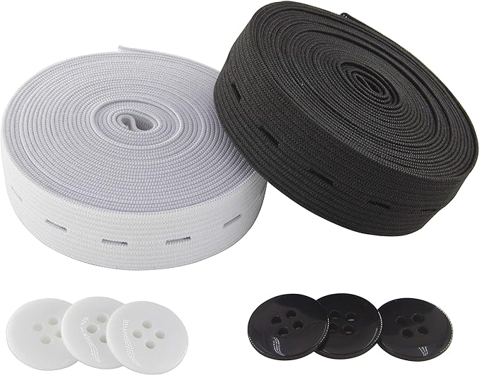 Flat Sewing Band Spool with Buttonholes, Elastic Stretchable, Ideal for DIY Waistbands and Necklines (Black & White, 3/4" × 3 Yds Each)