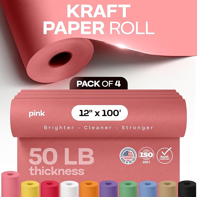 12" x 1200" (100 feet) Pink Kraft Paper Roll, Pack of 4 - USA-Made Quality Craft Paper for Gift Wrapping, Kids Arts & Crafts, School Projects - 100% Recycled Natural, 50lb Thickness by IDL Packaging