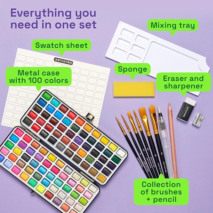 ARTISTRO 100 Colors Watercolor Paint Set - Portable Paint Set with Palette and Brush Pens - Travel Water Color Kit for Adults, Professionals, Kids - Art and Painting Supplies - Christmas Gift Idea