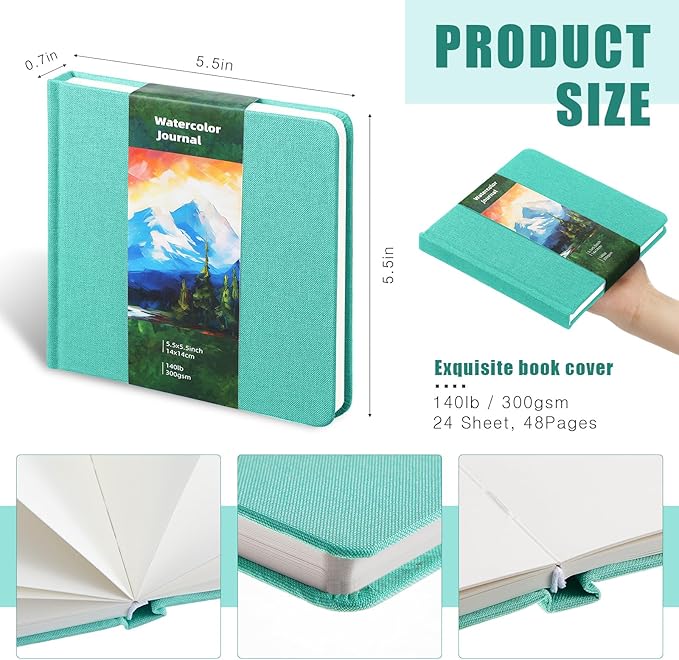 Dispowreath 5.5 x 5.5 in Watercolor Sketchbook Journal Square Watercolor Notebook Cold Press 140lb 300gsm Cotton Paper 48 Pages Journals Notebook Paper Pads(Turquoise)