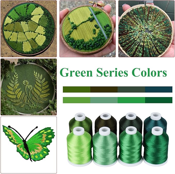 Simthread Green Embroidery Thread – 8 Shades Compatible with Madeira Colors, 550 Yards Each, 40WT Polyester, for Brother, Babylock, Janome, Singer & Other Machines