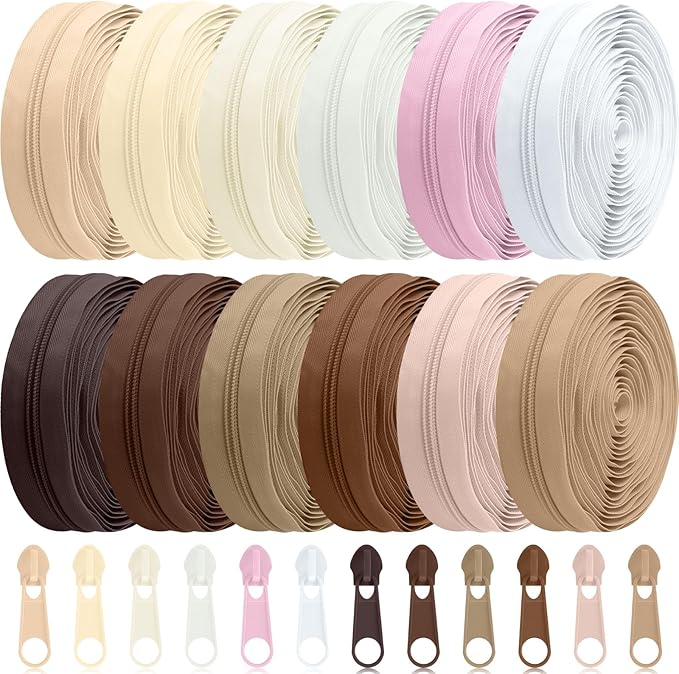 Syhood 36 Yards 12 Pieces #5 Sewing Zippers Tapes Assorted Nylon Lightweight with 120 Plastic Zipper Sliders for Women Men Sewing Supplies(Skin Tone Color)