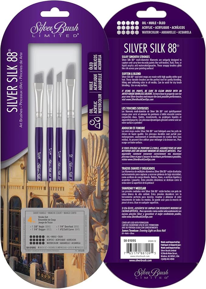 Silver Brush Limited SK-8109S Silver Silk 88 Stroke Set, Premium Paintbrushes for Acrylic, Watercolor, Gouache, Inks, & Dyes, Set of 4, Angle, Dagger, Deerfoot, and Soft Curve Brushes, Short Handle