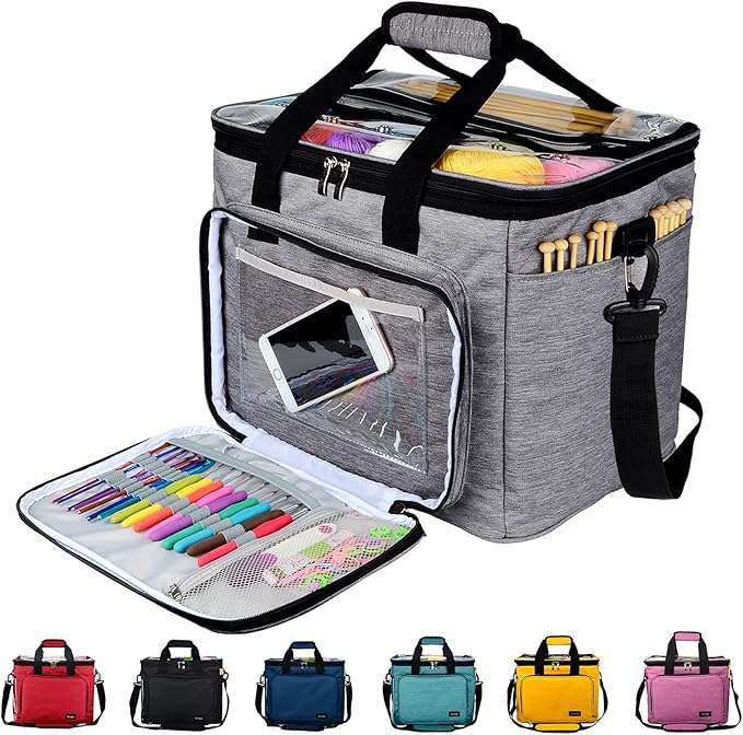Hoshin Knitting Bag for Yarn Storage, High Capacity Yarn Totes Organizer with Inner Divider Portable for Carrying Project, Knitting Needles(up to 14”), Crochet Hooks, Skeins of Yarn (Grey)