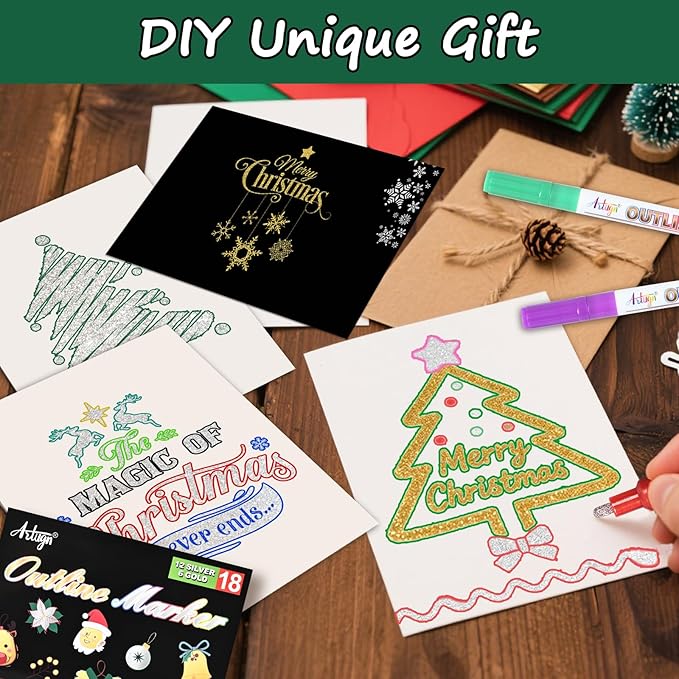 Glitter Markers Outline Pens, Christmas Stocking Stuffers 4-16 Year Old, 18 Pack Gold and Silver Shimmer Metallic Marker Arts Crafts Supplies for Kids Ages 6 to 8, 9-12 Birthday Gifts for Tweens