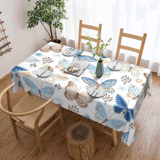 Blue Beige Butterfly Rectangle Tablecloth Flower Leaves Vividly Watercolor Table Cloth Dining Table Cover for Home Kitchen Restaurant Party Buffet Picnic 54 x 72 Inch