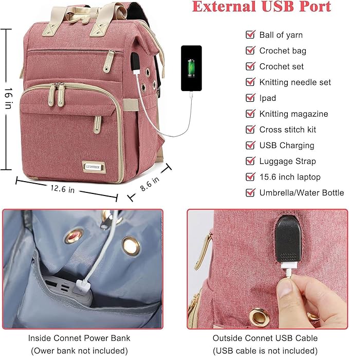 Knitting Bag Backpack,Yarn Storage Organizer Travel Crochet Bag with USB Charging Port,Large Capacity Yarn Storage Tote Bag Yarn Holder Case for Carrying Projects, Knitting Needles, Crochet Hooks Pink