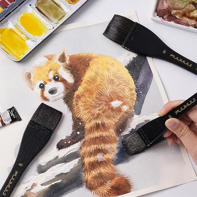 Flat Watercolor Brushes, 3pcs Professional Squirrel Hair Flat Hake Brushes Set, Artists Scale Large Paint Brush with Long Handle for Watercolor and Acrylic Paints