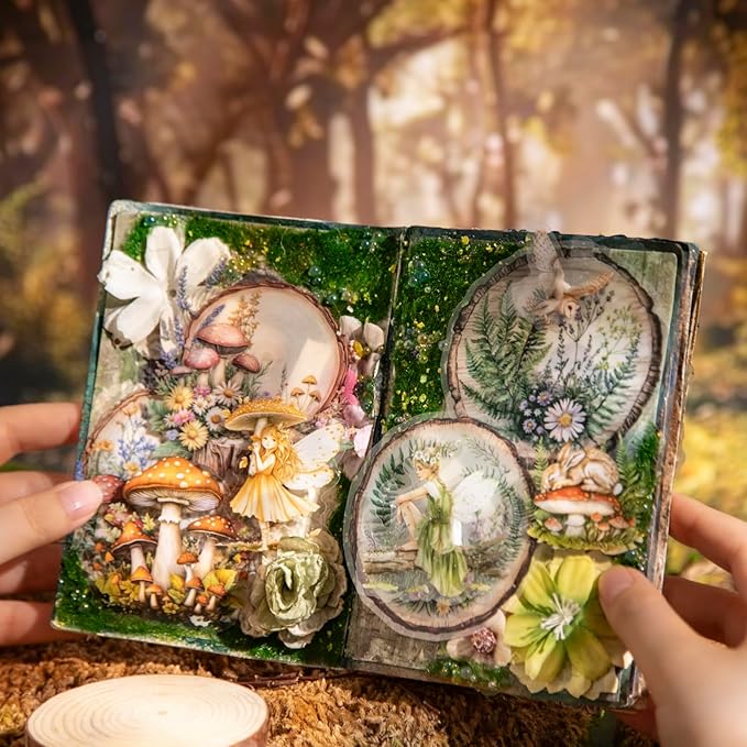 60 PCS Nature PET Stickers, Faux Wood Slice Botanical Stickers with Mushrooms, Flowers, and Butterflies for Scrapbooking, Journaling, and DIY Crafts