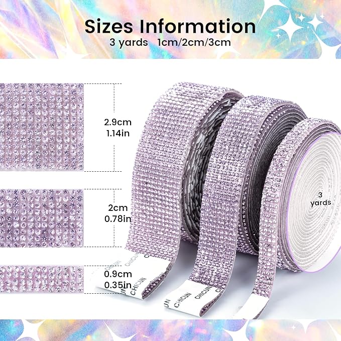 Novani Self Adhesive Rhinestone Ribbon, 0.35 Inch Wide 3 Yards 1 Roll, Purple Crystal Diamond Bling Strips for DIY Crafts, Home Decor, Clothing,Shoes, Car Decoration（Crystal Amethyst）